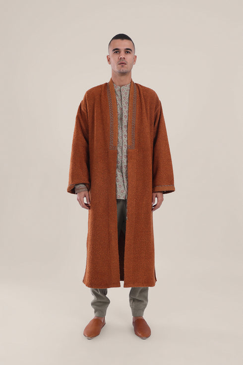 Embroidered bouclette faux wool coat